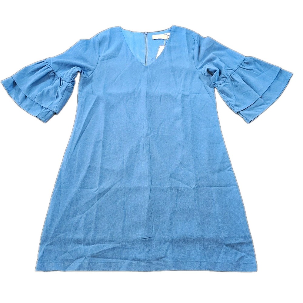 Belongsci Women Blue Shift Dress V-Neck Ruffled Bell Sleeve 8817# Sz S New